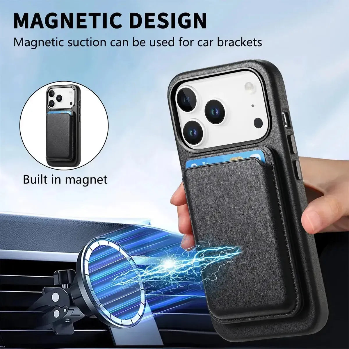 Caseles Full-Grain Leather iPhone Case with Card Holder, MagSafe Ready, Metal Buttons & Camera Bump Frame,Adrian at Caseles-iPhone 17 Pro Max, Black