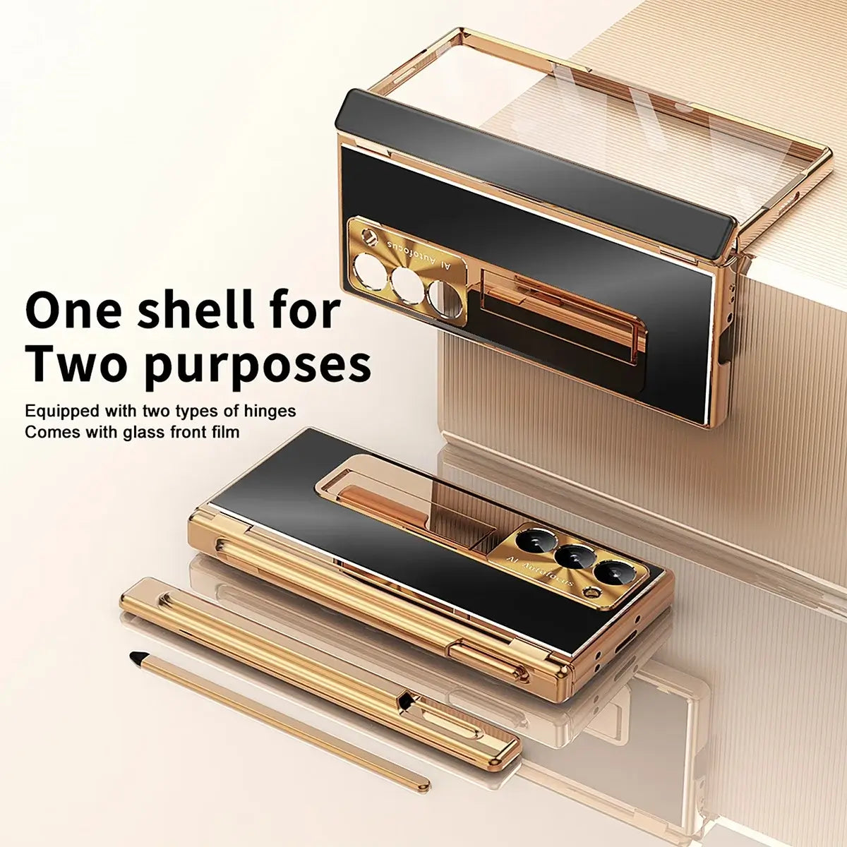 Buy Military-Grade Aluminum Alloy Case with Integrated S Pen & Holder, Hinge Protection & Kickstan - AERO at Caseles-Samsung Galaxy Z Fold 8 Ultra, DarkGold