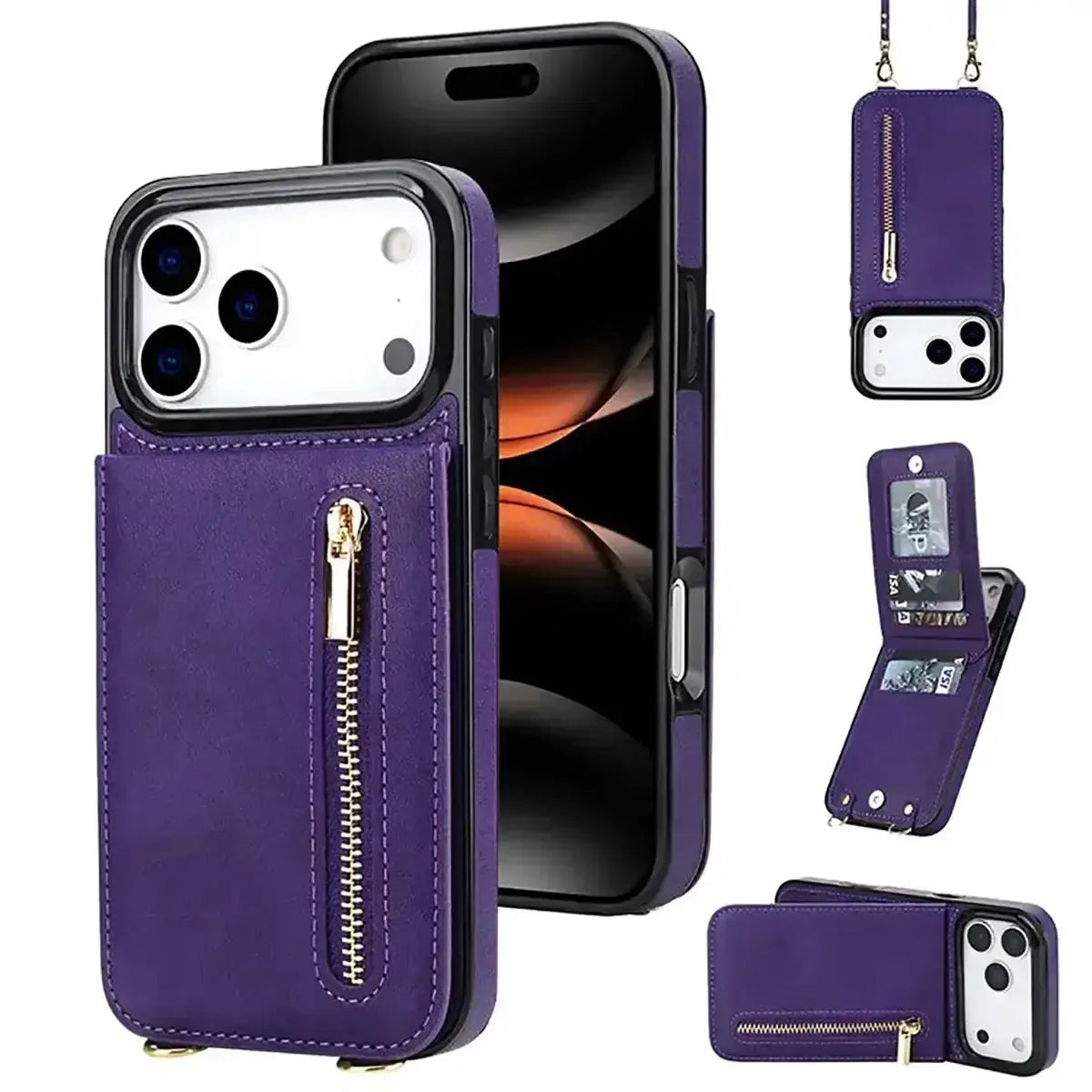 Buy Crossbody Wallet Phone Case, 5 Card Slots, Premium Leather, Kickstand Shockproof Case, Alina at Caseles-iPhone 17 Pro Max, Alima-Purple