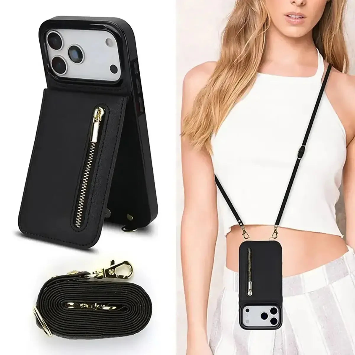 Buy Crossbody Wallet Phone Case, 5 Card Slots, Premium Leather, Kickstand Shockproof Case, Alina at Caseles-iPhone 17 Pro Max, Alina-Black