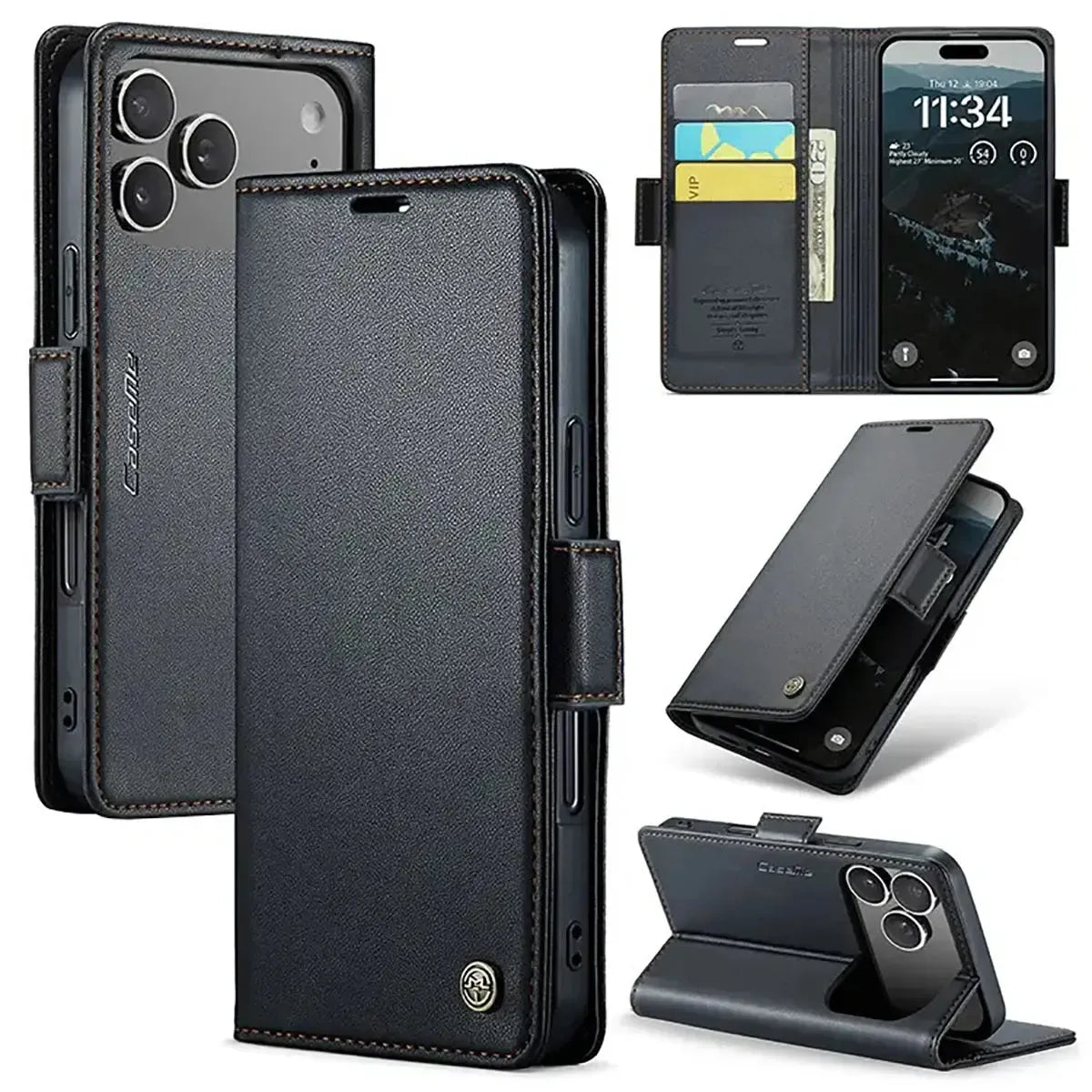 Buy Premium PU Leather Multi-Function Flip iPhone Case with Card Slots, Wallet Pocket, Kickstand, and Full-Body Protection, ARIA at Caseles-iPhone 17 Pro Max, Aria-Black