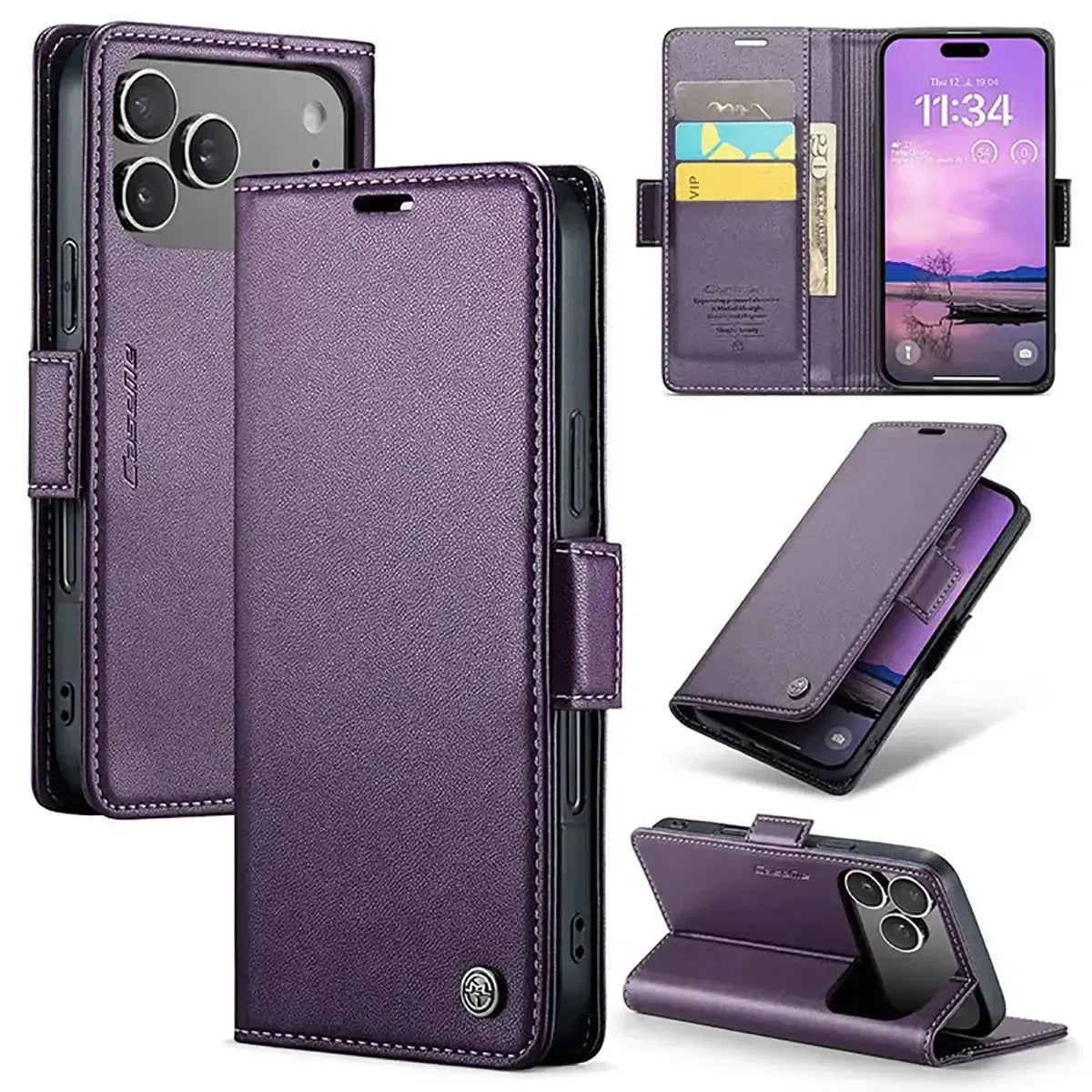 Buy Premium PU Leather Multi-Function Flip iPhone Case with Card Slots, Wallet Pocket, Kickstand, and Full-Body Protection, ARIA at Caseles-iPhone 17 Pro Max, Aria-Purple