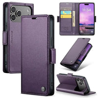 Buy Premium PU Leather Multi-Function Flip iPhone Case with Card Slots, Wallet Pocket, Kickstand, and Full-Body Protection, ARIA at Caseles-iPhone 17 Pro Max, Aria-Purple