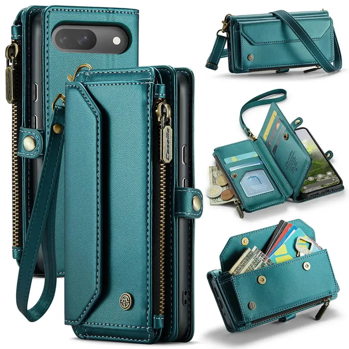 Buy Zipper Wallet Phone Case, RFID Blocking, Leather, Card Slots, for google pixel, Arora at Caseles-Google Pixel 9 Pro Fold, Aurora-Green