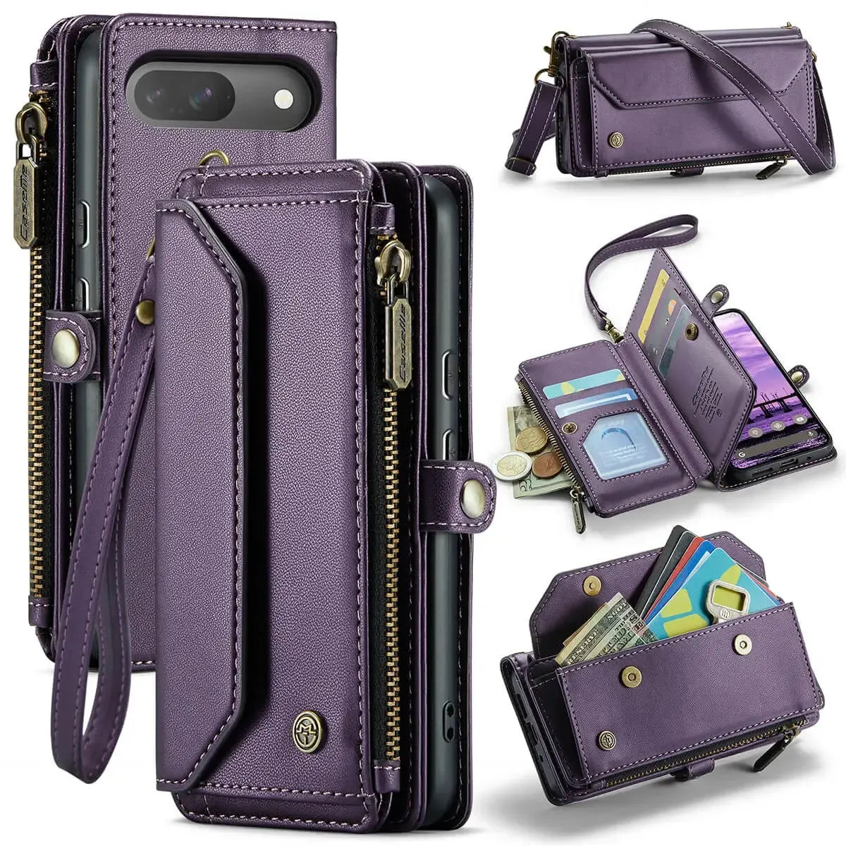Buy Zipper Wallet Phone Case, RFID Blocking, Leather, Card Slots, for google pixel, Arora at Caseles-Google Pixel 9 Pro Fold, Aurora-Purple