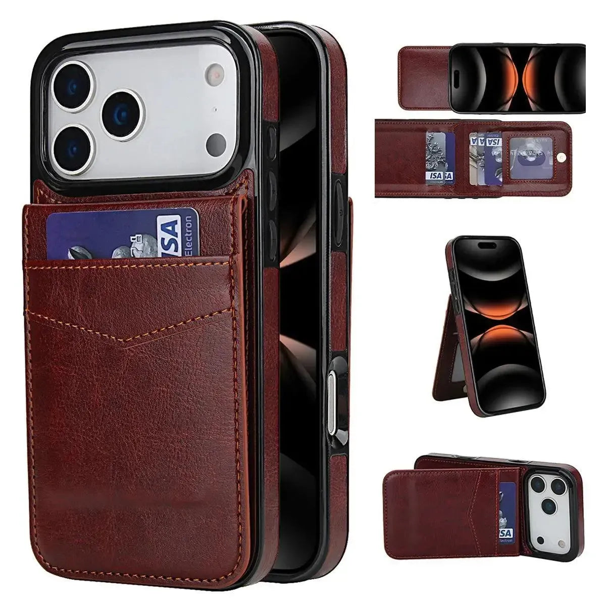 Buy Classic 5-6 Card Slots Wallet Phone Case, Premium Leather, Credit Card Holder, Flip, Kickstand Shockproof Case,Asher at Caseles-iPhone 17 Pro Max, Asher-Brown