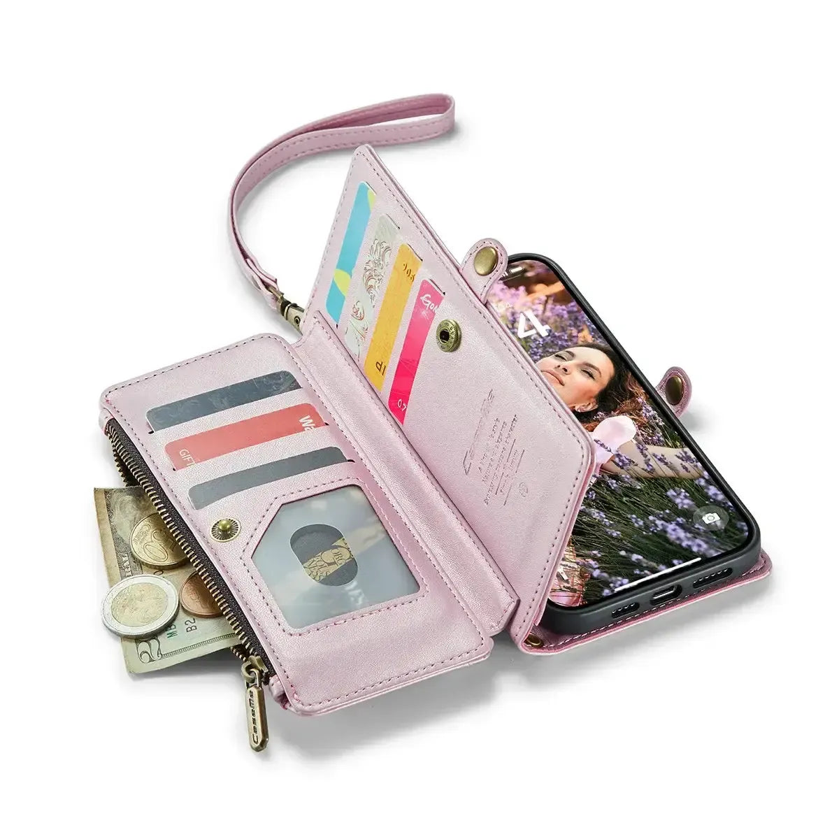 Buy Zipper Wallet Phone Case, RFID Blocking, Leather, Card Slots, for iPhone, Aurora at Caseles-iPhone 17 Pro Max, Aurora-Purple