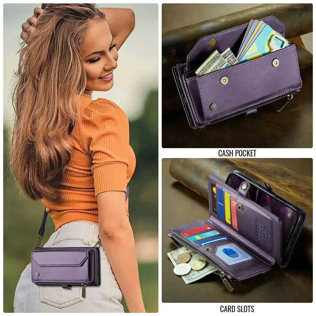 Buy Zipper Wallet Phone Case, RFID Blocking, Leather, Card Slots, for iPhone, Aurora at Caseles-iPhone 17 Pro Max, Aurora-Purple