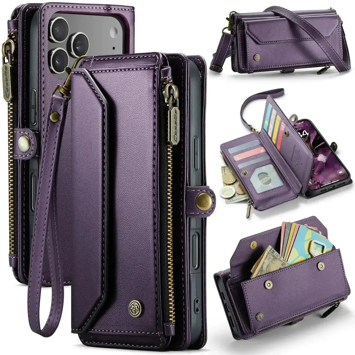 Buy Zipper Wallet Phone Case, RFID Blocking, Leather, Card Slots, for iPhone, Aurora at Caseles-iPhone 17 Pro Max, Aurora-Purple