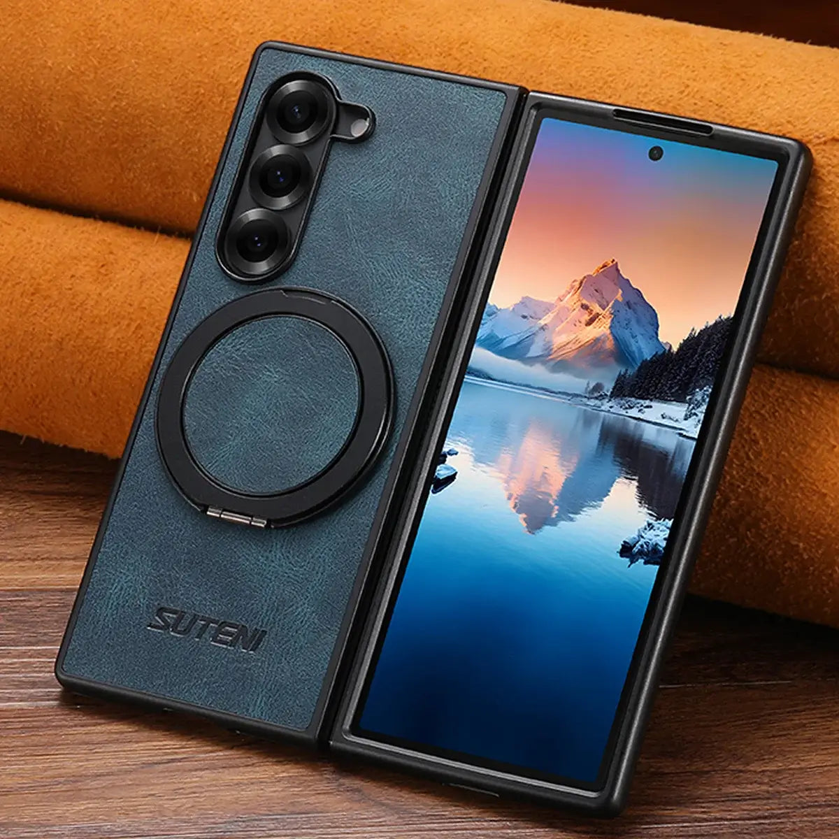 Buy Magnetic Vegan Leather Case for Galaxy Z Fold 7/6/5, 360° Rotatable Ring Stand, MagSafe Compatible Shockproof Armor - Austin at Caseles-Samsung Galaxy Z Fold 7, Black