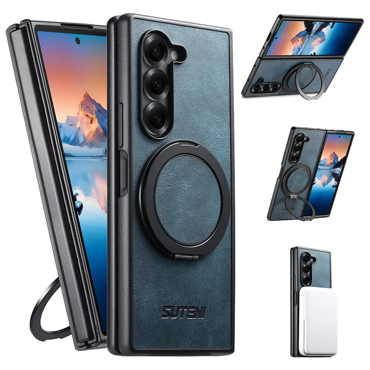 Buy Magnetic Vegan Leather Case for Galaxy Z Fold 7/6/5, 360° Rotatable Ring Stand, MagSafe Compatible Shockproof Armor - Austin at Caseles-Samsung Galaxy Z Fold 7, Blue
