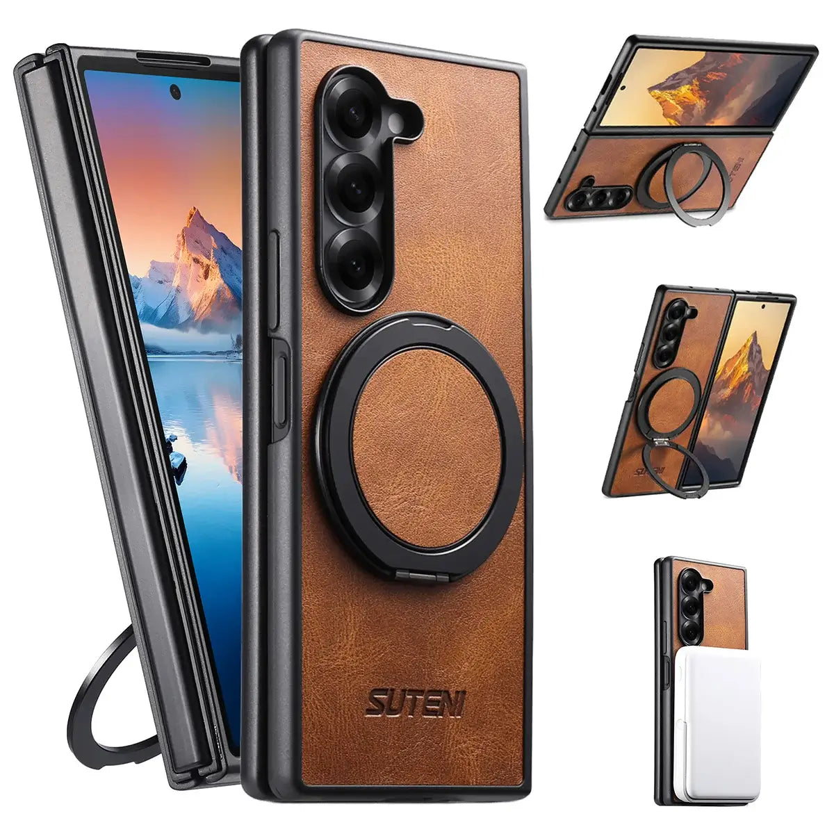 Buy Magnetic Vegan Leather Case for Galaxy Z Fold 7/6/5, 360° Rotatable Ring Stand, MagSafe Compatible Shockproof Armor - Austin at Caseles-Samsung Galaxy Z Fold 7, Bronze