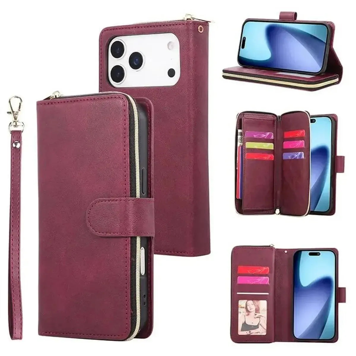 Buy Classic Wallet Phone Case, 9 Card Slots, Premium Leather, Credit Card Holder, Shockproof Case , BALDER at Caseles-iPhone 17 Pro Max, Balder-Burgyndy