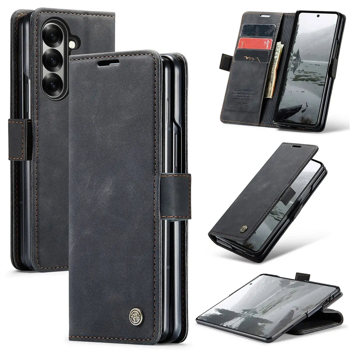 Buy Zipper Wallet Case for Galaxy Z Fold, Multi-Card Slots Leather Cover with Kickstand & 360° Full Protection - BERKELEY at Caseles-Samsung Galaxy Z Fold 7, BJM-Black