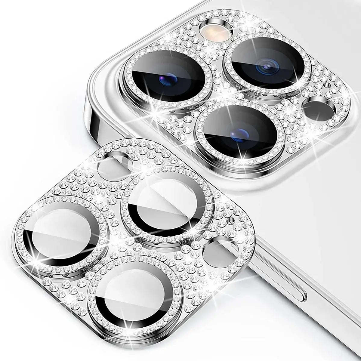 Buy Luxury Bling Diamond Camera Lens Protector for iPhone, Sparkle Glitter Alloy Cover, HD Clear 9H Tempered Glass, Ultra-Strong Suction, Aesthetic Protective Lens Sticker - BLING GLITTER LENS PROTECTOR at Caseles-iPhone 16 Pro Max, Silver