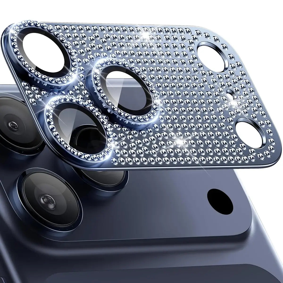 Buy Luxury Bling Diamond Camera Lens Protector for iPhone, Sparkle Glitter Alloy Cover, HD Clear 9H Tempered Glass, Ultra-Strong Suction, Aesthetic Protective Lens Sticker - BLING GLITTER LENS PROTECTOR at Caseles-iPhone 17 Pro Max, Blue