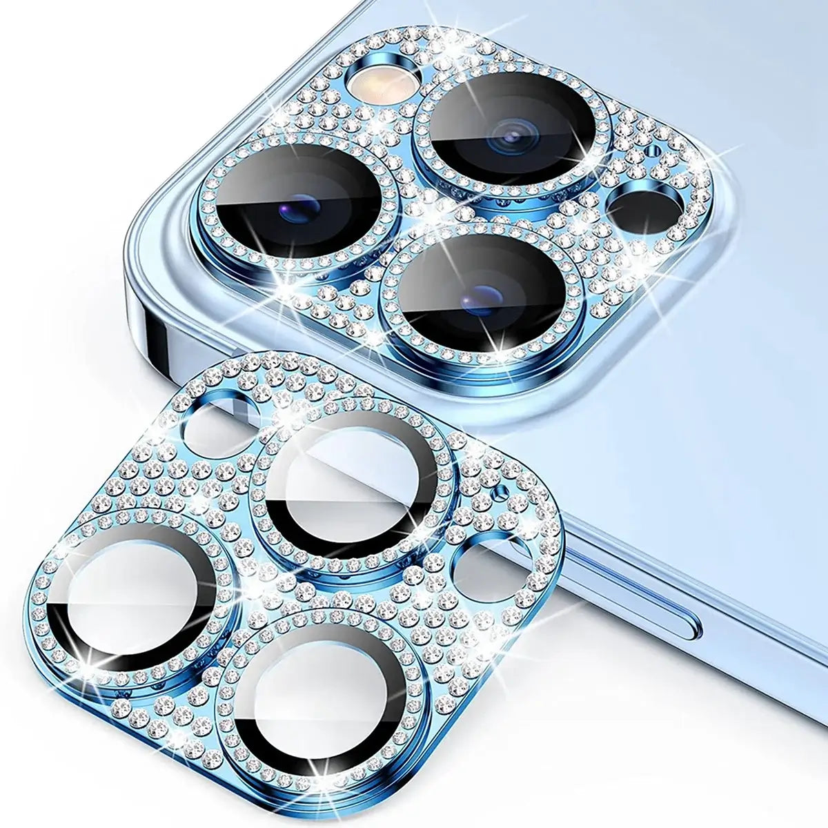 Buy Luxury Bling Diamond Camera Lens Protector for iPhone, Sparkle Glitter Alloy Cover, HD Clear 9H Tempered Glass, Ultra-Strong Suction, Aesthetic Protective Lens Sticker - BLING GLITTER LENS PROTECTOR at Caseles-iPhone 17 Pro Max, Light Blue