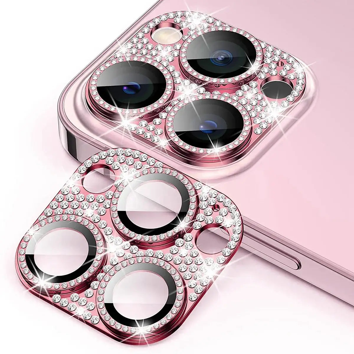 Buy Luxury Bling Diamond Camera Lens Protector for iPhone, Sparkle Glitter Alloy Cover, HD Clear 9H Tempered Glass, Ultra-Strong Suction, Aesthetic Protective Lens Sticker - BLING GLITTER LENS PROTECTOR at Caseles-iPhone 17 Pro Max, Pink