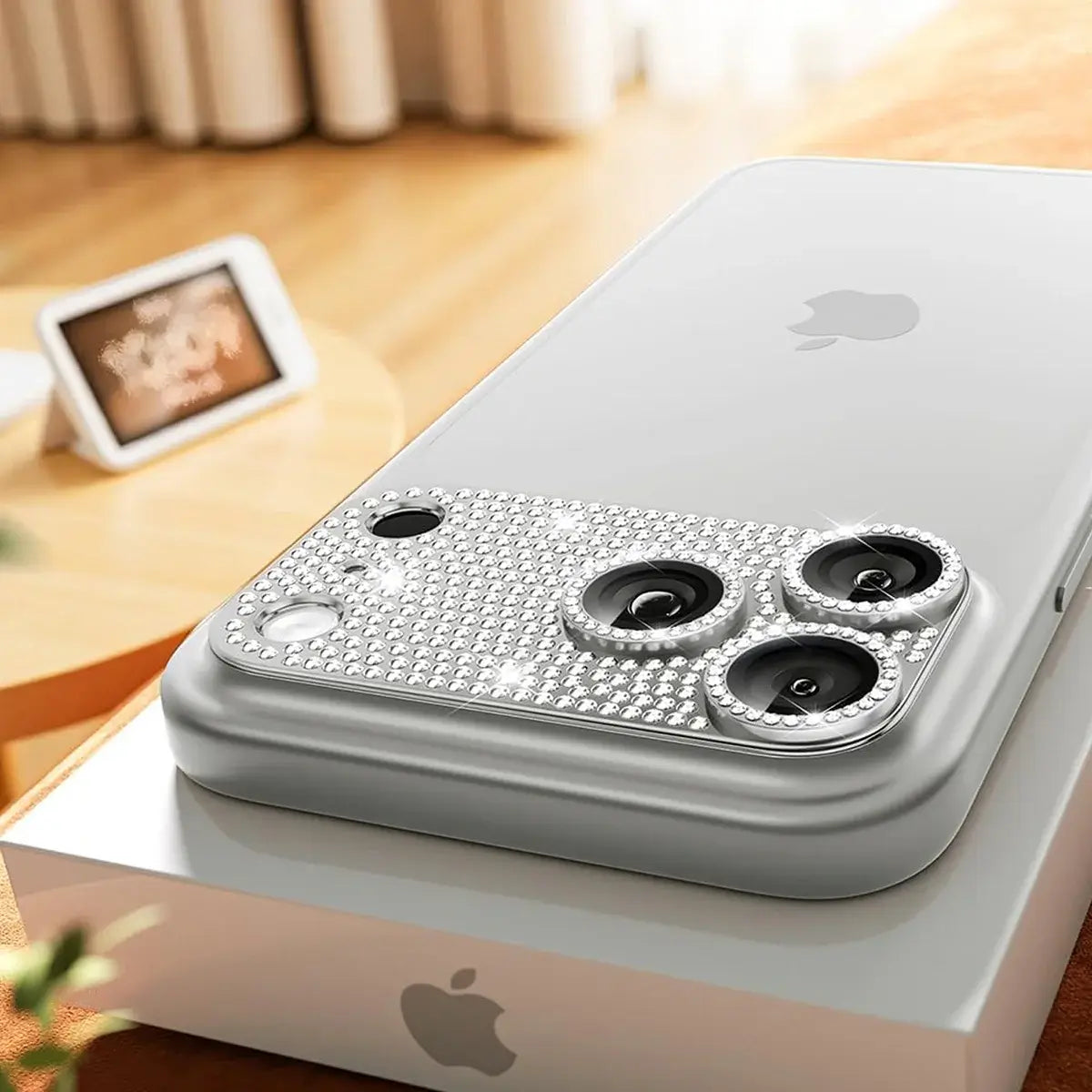 Buy Luxury Bling Diamond Camera Lens Protector for iPhone, Sparkle Glitter Alloy Cover, HD Clear 9H Tempered Glass, Ultra-Strong Suction, Aesthetic Protective Lens Sticker - BLING GLITTER LENS PROTECTOR at Caseles-iPhone 17 Pro Max, Silver