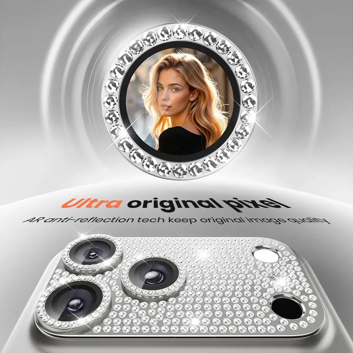 Buy Luxury Bling Diamond Camera Lens Protector for iPhone, Sparkle Glitter Alloy Cover, HD Clear 9H Tempered Glass, Ultra-Strong Suction, Aesthetic Protective Lens Sticker - BLING GLITTER LENS PROTECTOR at Caseles-iPhone 17 Pro Max, Silver