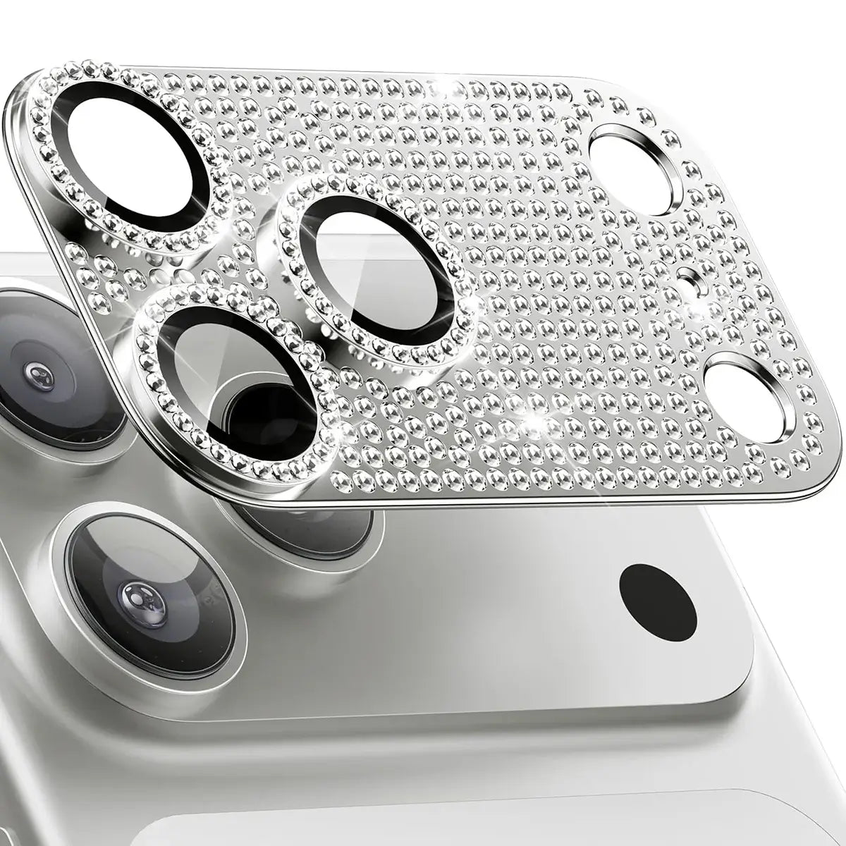 Buy Luxury Bling Diamond Camera Lens Protector for iPhone, Sparkle Glitter Alloy Cover, HD Clear 9H Tempered Glass, Ultra-Strong Suction, Aesthetic Protective Lens Sticker - BLING GLITTER LENS PROTECTOR at Caseles-iPhone 17 Pro Max, Silver
