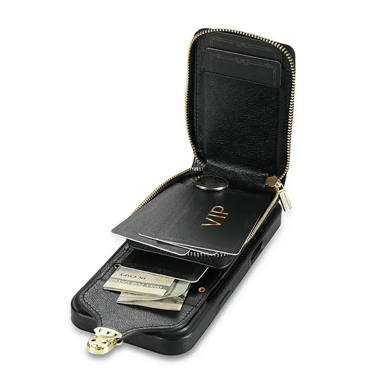 Buy Detachable Lanyard Leather Case Wallet Case Card Slot Shockproof Kickstand Zipper Closure Flip Leather Case for iPhone,Briana at Caseles-iPhone 17 Pro Max, Black