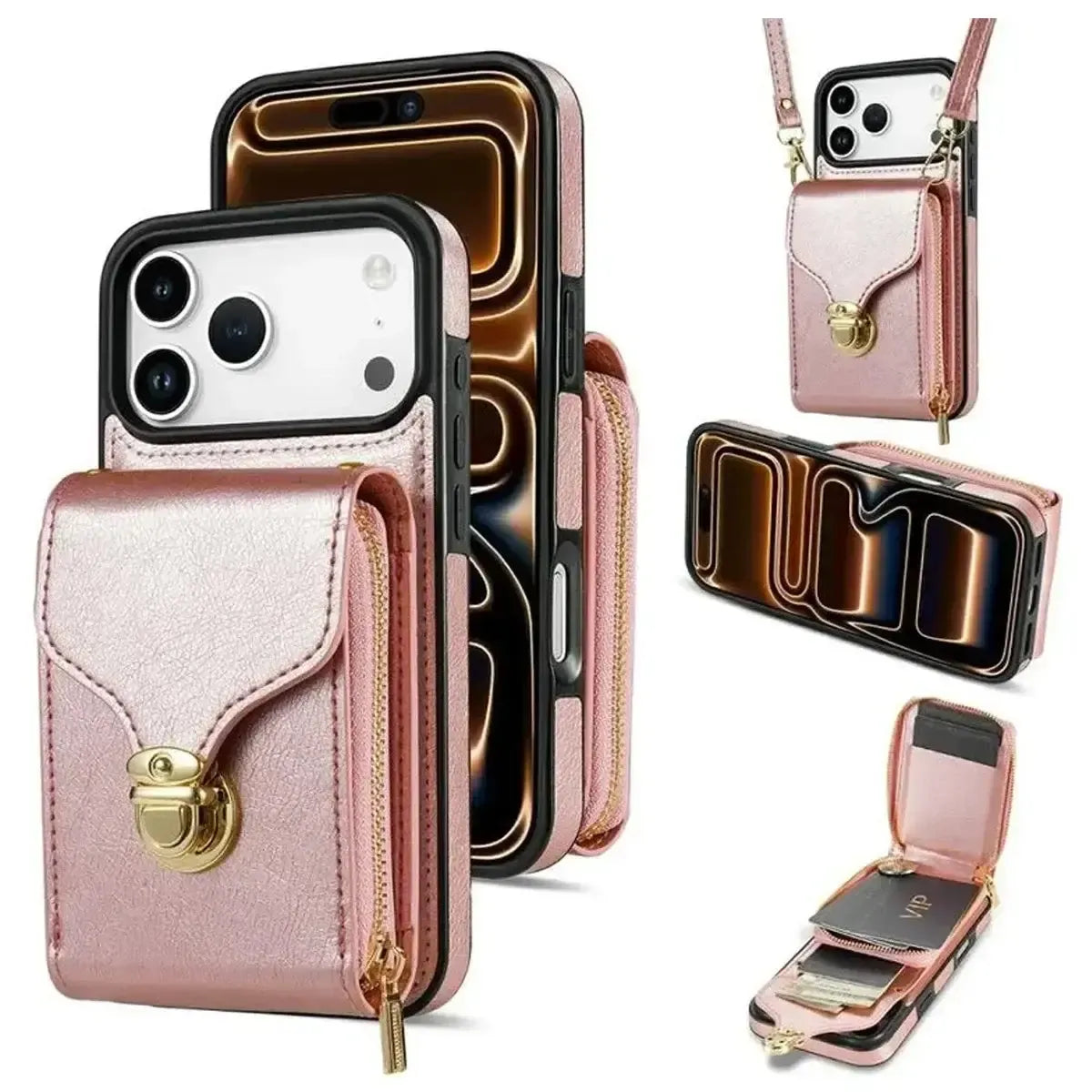 Buy Detachable Lanyard Leather Case Wallet Case Card Slot Shockproof Kickstand Zipper Closure Flip Leather Case for iPhone,Briana at Caseles-iPhone 17 Pro Max, Pink