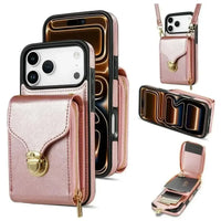 Buy Detachable Lanyard Leather Case Wallet Case Card Slot Shockproof Kickstand Zipper Closure Flip Leather Case for iPhone,Briana at Caseles-iPhone 17 Pro Max, Pink