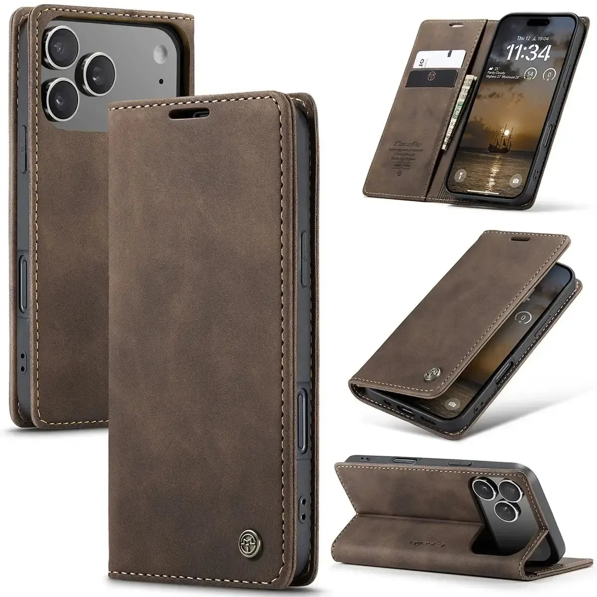 Buy Magnetic Flip Leather Card Wallet Case for iPhone, Kickstand & Drop Protection, BROOKS at Caseles-iPhone 17 Pro Max, BJM-Coffee