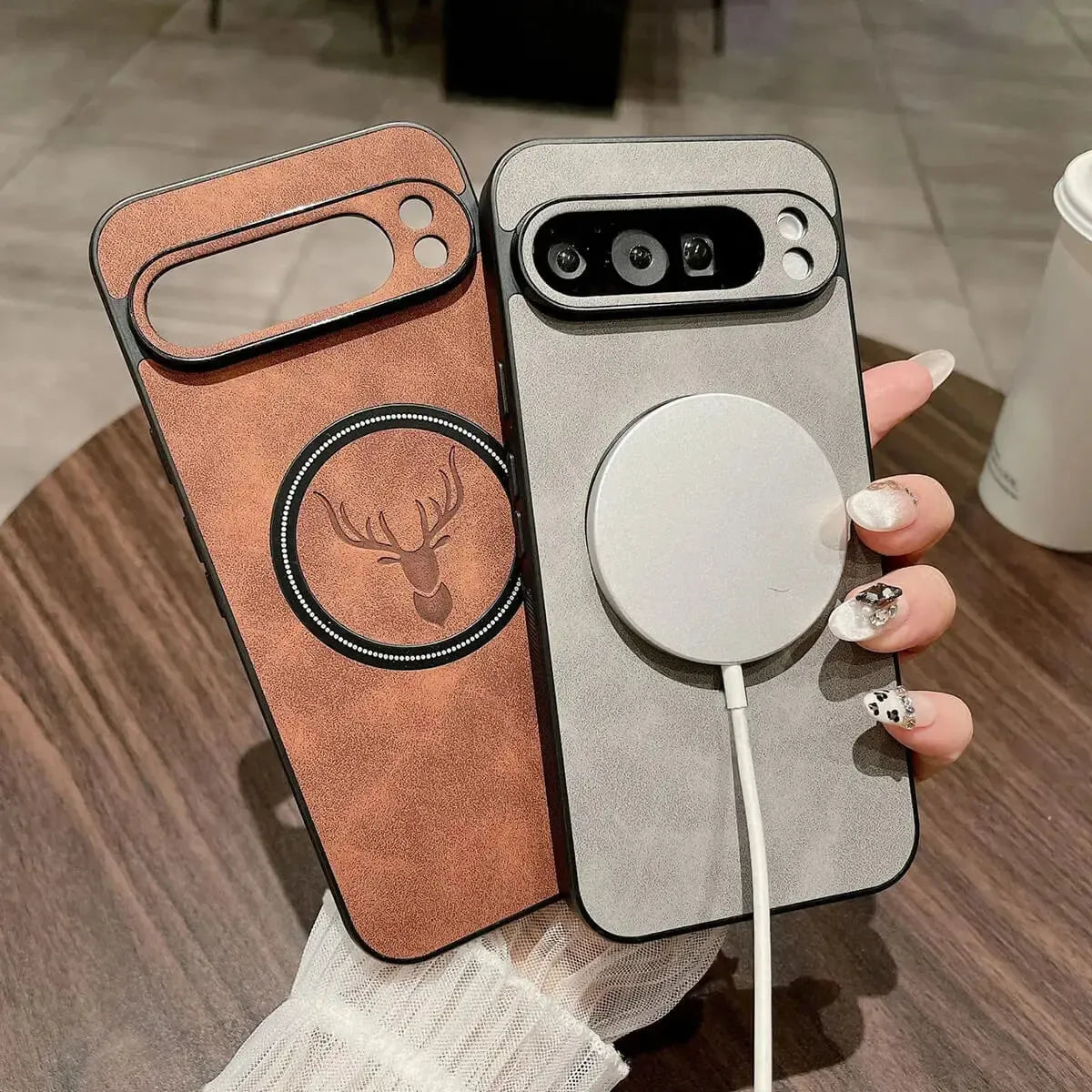 Buy Premium PU leather deer case with full protection and MagSafe wireless charging for Google Pixel – ADAM at Caseles-Google Pixel 9 Pro XL, Caribou-Dark Gray