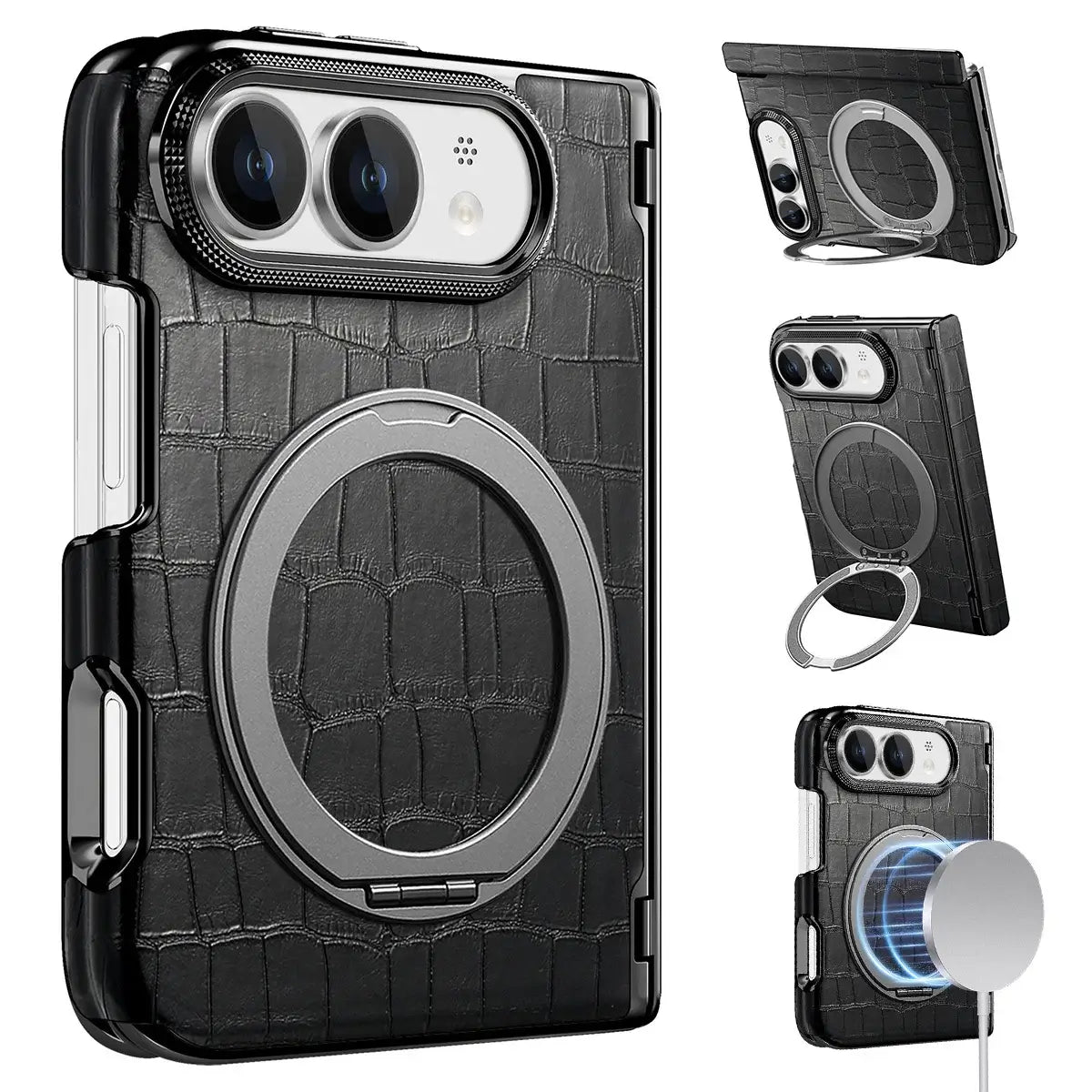 Buy Magnetic 360° Rotating Click Ring Stand Case with Dual-Axis Hinge Protection & Premium Vegan Leather - ORBIS at Caseles-iPhone Ultra, Black