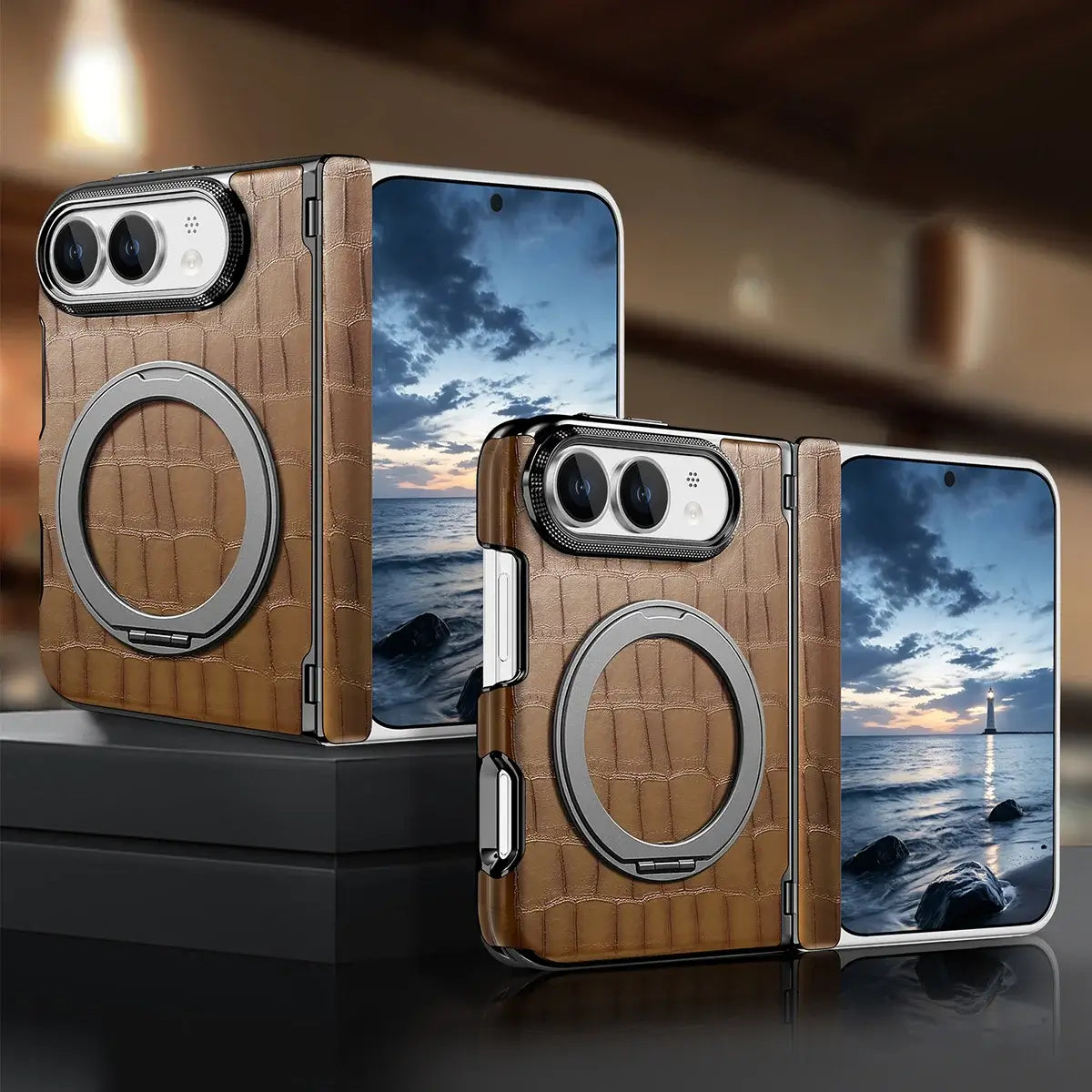 Buy Magnetic 360° Rotating Click Ring Stand Case with Dual-Axis Hinge Protection & Premium Vegan Leather - ORBIS at Caseles-iPhone Ultra, Blue