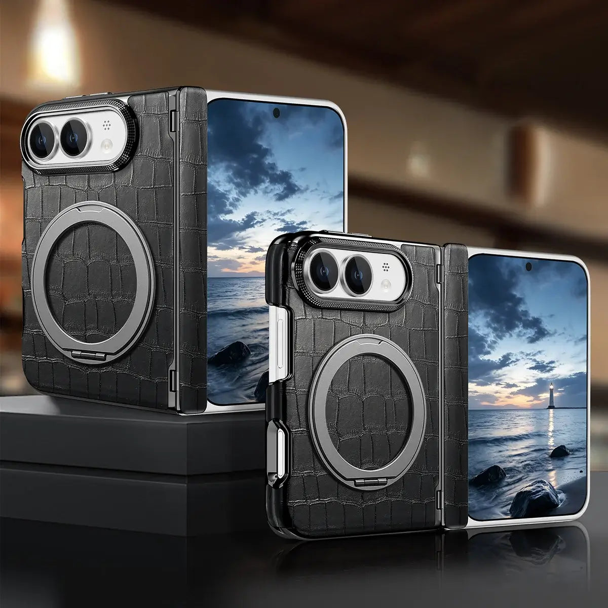 Buy Magnetic 360° Rotating Click Ring Stand Case with Dual-Axis Hinge Protection & Premium Vegan Leather - ORBIS at Caseles-iPhone Ultra, Blue