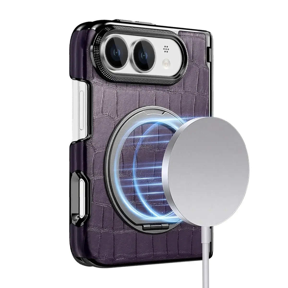 Buy Magnetic 360° Rotating Click Ring Stand Case with Dual-Axis Hinge Protection & Premium Vegan Leather - ORBIS at Caseles-iPhone Ultra, Blue