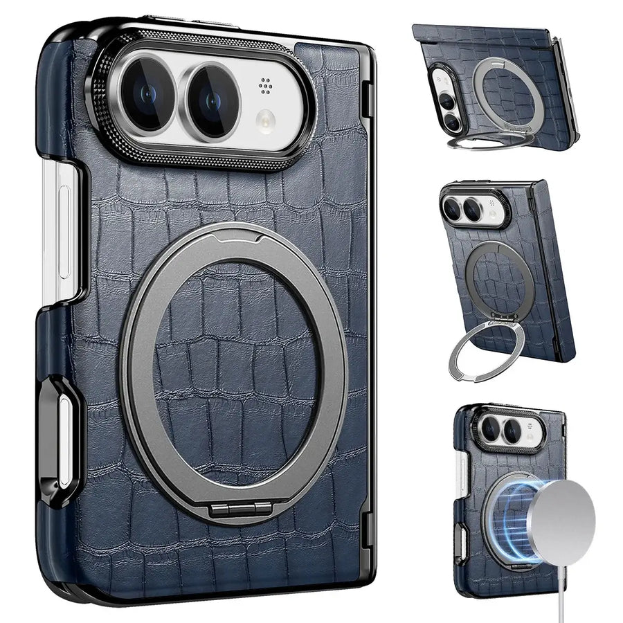 Buy Magnetic 360° Rotating Click Ring Stand Case with Dual-Axis Hinge Protection & Premium Vegan Leather - ORBIS at Caseles-iPhone Ultra, Blue