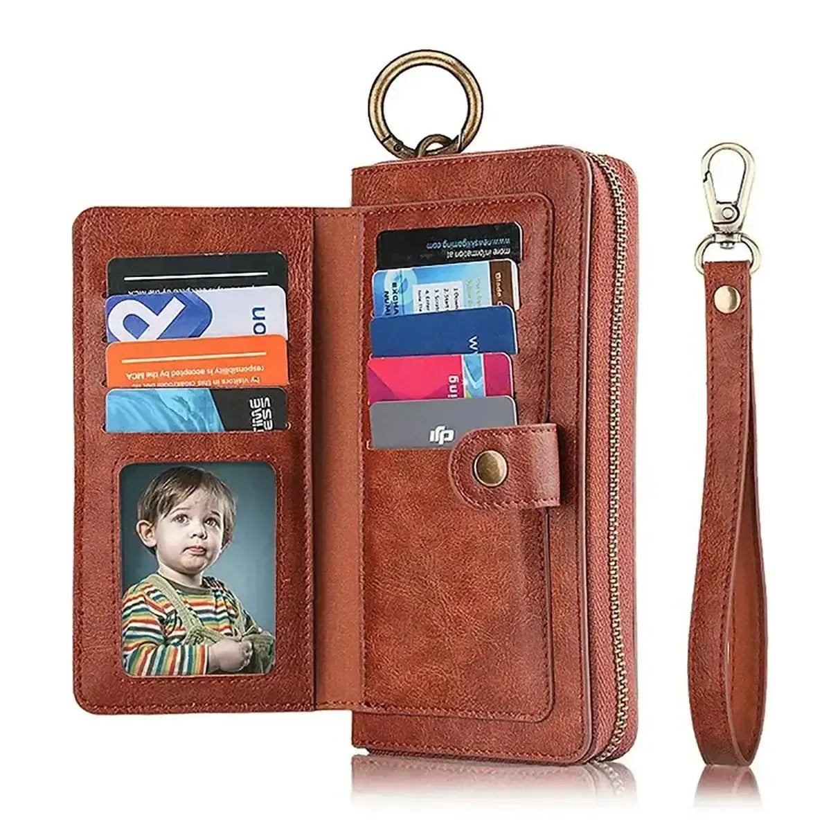 Buy Multi Functional Wallet Phone Case, 14 Card Slots 3 Purse 1 Zipper 1 Wrist Band 1 Metal Buckle, Wrist Strap Clutch Magnetic Detachable,Darell at Caseles-iPhone 17 Pro Max, Darell-Brown