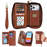 Buy Multi Functional Wallet Phone Case, 14 Card Slots 3 Purse 1 Zipper 1 Wrist Band 1 Metal Buckle, Wrist Strap Clutch Magnetic Detachable,Darell at Caseles-iPhone 17 Pro Max, Darell-Brown
