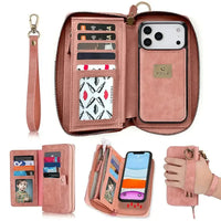 Buy Multi Functional Wallet Phone Case, 14 Card Slots 3 Purse 1 Zipper 1 Wrist Band 1 Metal Buckle, Wrist Strap Clutch Magnetic Detachable,Darell at Caseles-iPhone 17 Pro Max, Darell-pink
