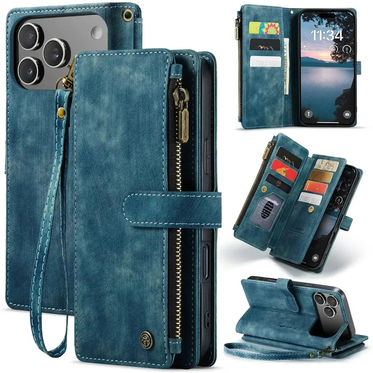 Buy Zipper Flip Folio Wallet Phone Case, Premium Leather Cover with Card Slots Cash Pocket Magnetic Closure and Kickstand,Devy at Caseles-iPhone 17 Pro Max, Blue