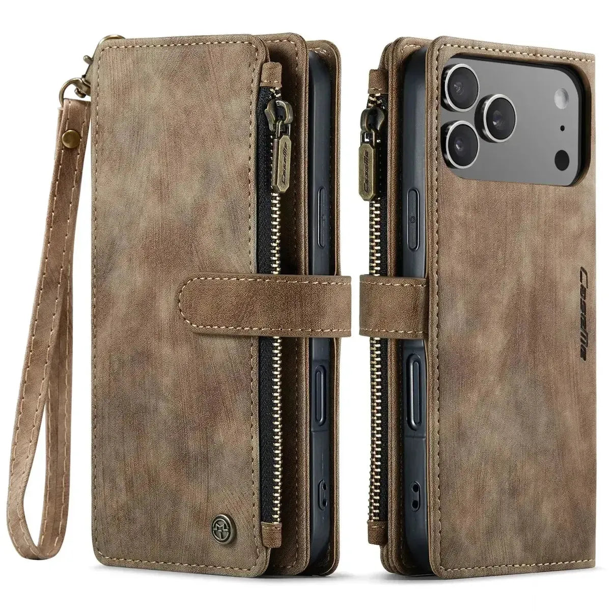 Buy Zipper Flip Folio Wallet Phone Case, Premium Leather Cover with Card Slots Cash Pocket Magnetic Closure and Kickstand,Devy at Caseles-iPhone 17 Pro Max, Khaki