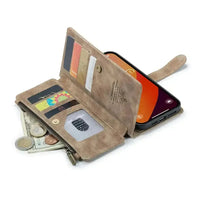 Buy Zipper Flip Folio Wallet Phone Case, Premium Leather Cover with Card Slots Cash Pocket Magnetic Closure and Kickstand,Devy at Caseles-iPhone 17 Pro Max, Khaki