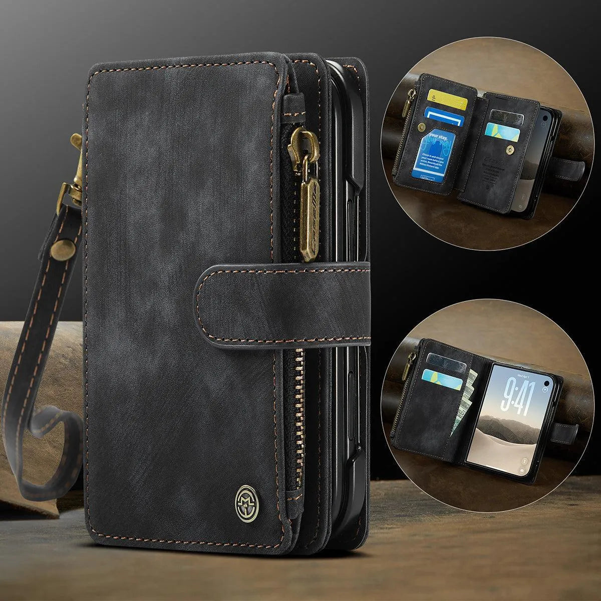 Buy Multifunctional Leather Wallet Case with Detachable Wristlet & Wireless Charging for iPhone Duo - Duran at Caseles-iPhone Duo, Khaki