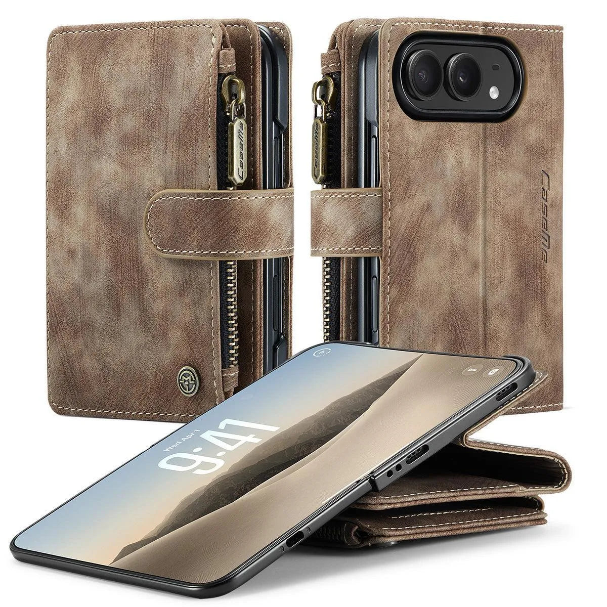 Buy Multifunctional Leather Wallet Case with Detachable Wristlet & Wireless Charging for iPhone Duo - Duran at Caseles-iPhone Duo, Khaki