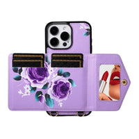 BuyCaseles Floral Wallet Case for iPhone: RFID Blocking, Makeup Mirror, Card Holder & Crossbody Strap - Flora at Caseles-iPhone 17 Pro Max, Black