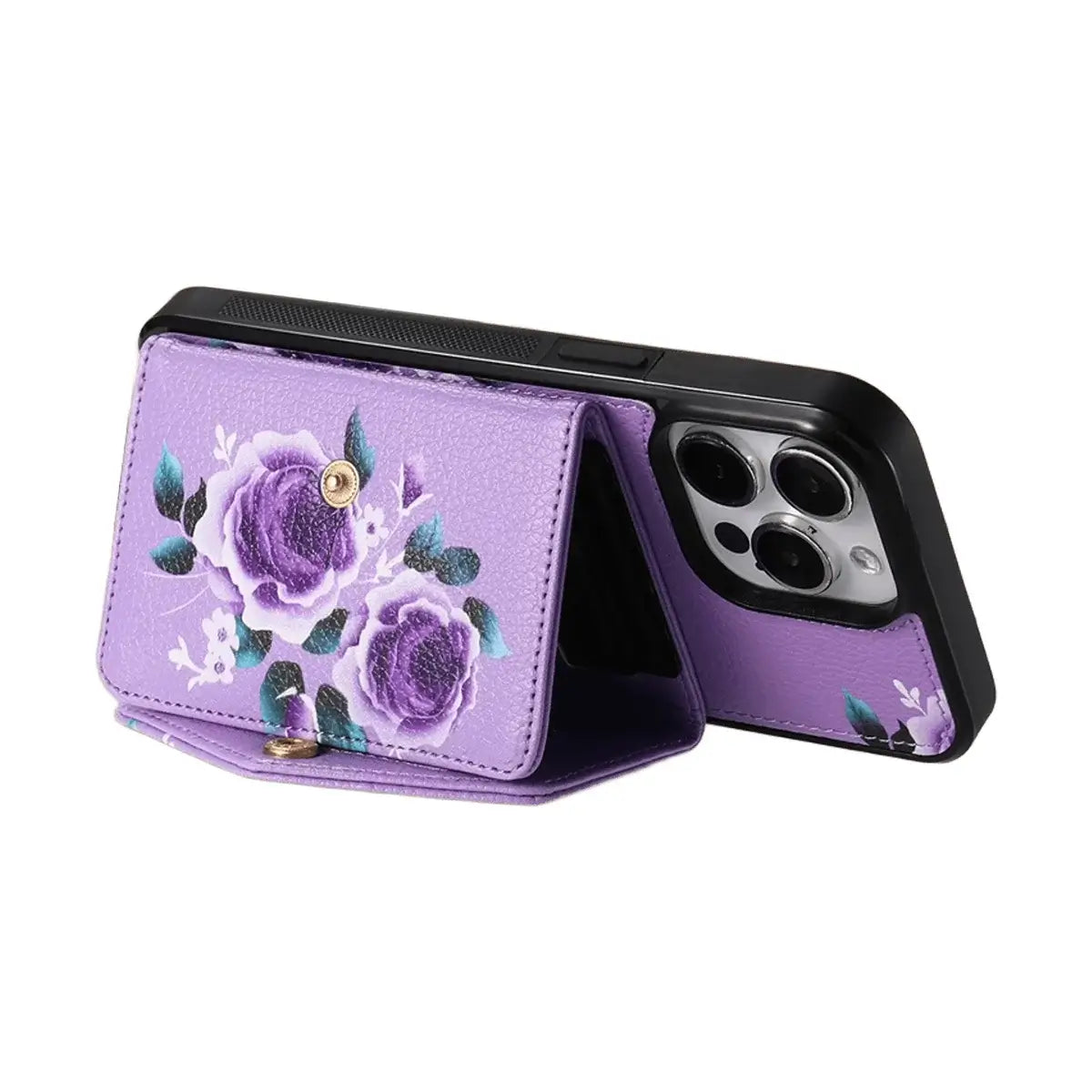BuyCaseles Floral Wallet Case for iPhone: RFID Blocking, Makeup Mirror, Card Holder & Crossbody Strap - Flora at Caseles-iPhone 17 Pro Max, Black