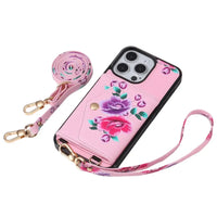 BuyCaseles Floral Wallet Case for iPhone: RFID Blocking, Makeup Mirror, Card Holder & Crossbody Strap - Flora at Caseles-iPhone 17 Pro Max, Black