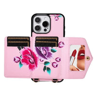 BuyCaseles Floral Wallet Case for iPhone: RFID Blocking, Makeup Mirror, Card Holder & Crossbody Strap - Flora at Caseles-iPhone 17 Pro Max, Black