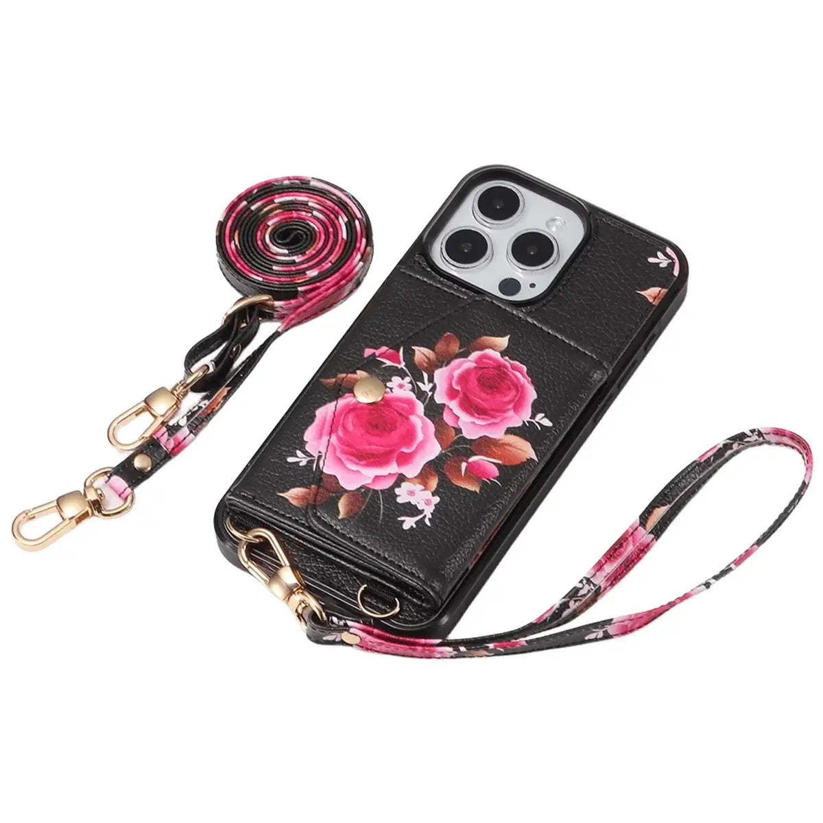 BuyCaseles Floral Wallet Case for iPhone: RFID Blocking, Makeup Mirror, Card Holder & Crossbody Strap - Flora at Caseles-iPhone 17 Pro Max, Black