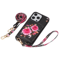 BuyCaseles Floral Wallet Case for iPhone: RFID Blocking, Makeup Mirror, Card Holder & Crossbody Strap - Flora at Caseles-iPhone 17 Pro Max, Black
