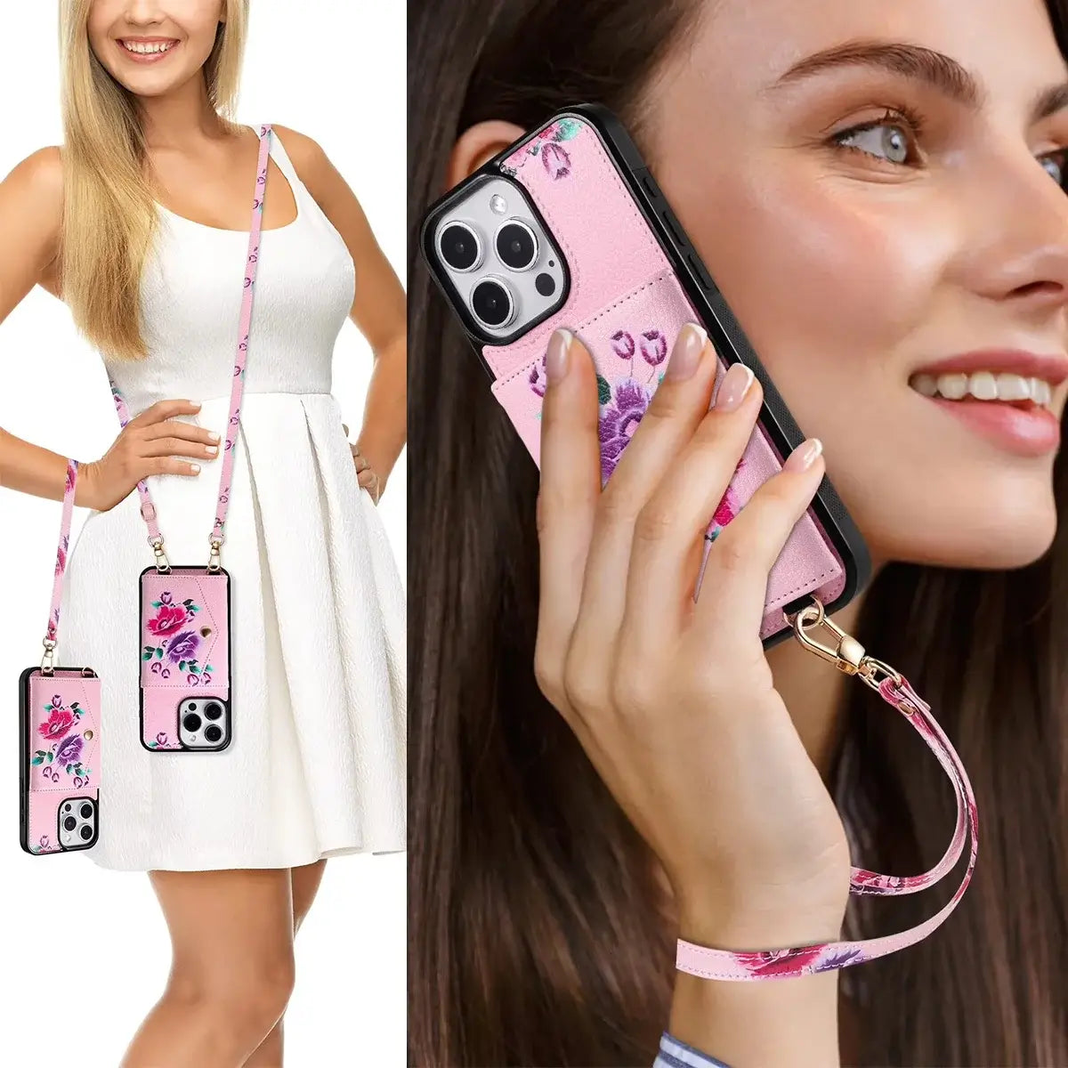 BuyCaseles Floral Wallet Case for iPhone: RFID Blocking, Makeup Mirror, Card Holder & Crossbody Strap - Flora at Caseles-iPhone 17 Pro Max, Black